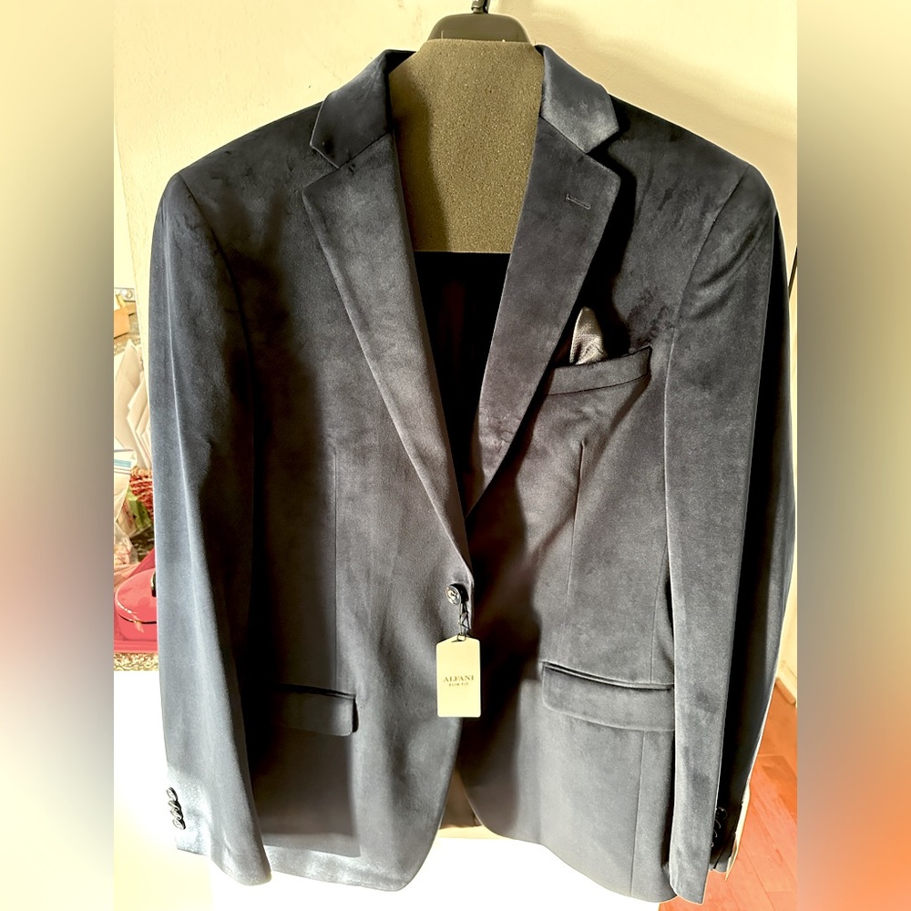 Alfani Men’s Slim Fit Velvet/Silk Blazer Jacket Navy Blue